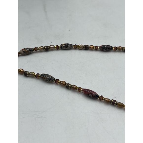 Michal Golan Agate Brown Gray Neutral Single Strand Pearl Crystal Brass necklace - Picture 15 of 16